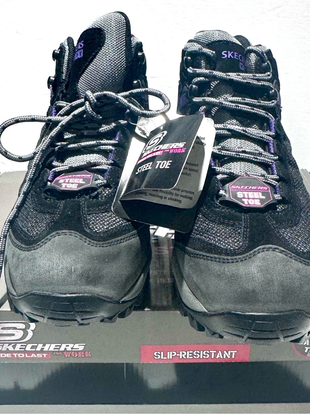 Skechers Women's Black Work Lace-Up Steel Toe Boots with Purple Accents size 10